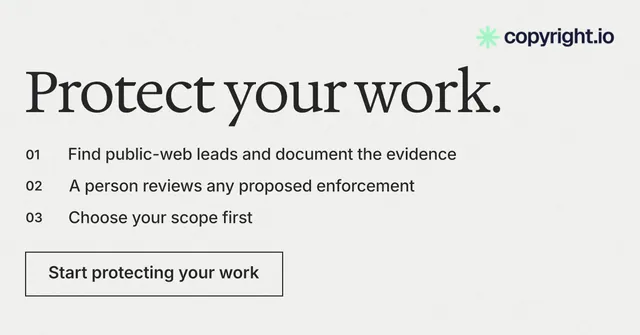 Social ad for copyright.io: "Protect your work." Editorial style, numbered layout, light palette in white.