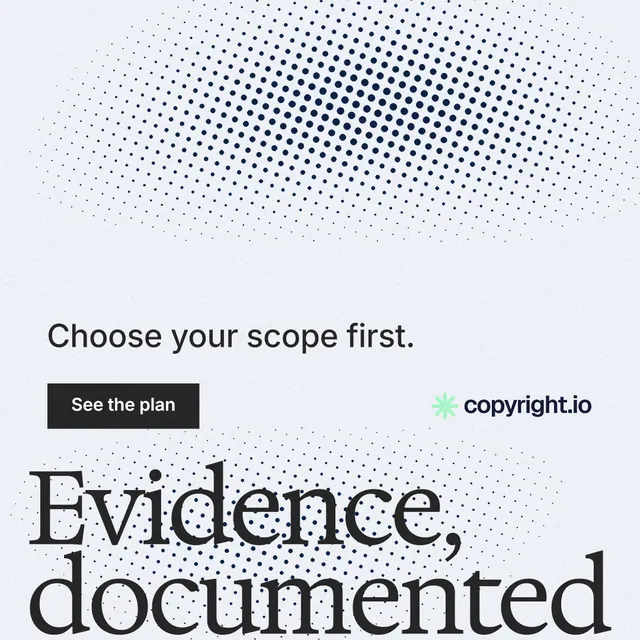Instagram post for copyright.io: "Continuous protection for creators." Split block style, oversized layout, light palette in white, blue, grey.