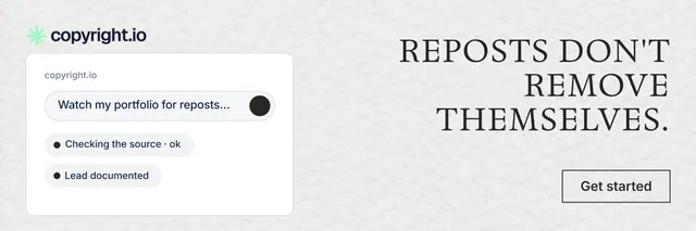 X header for copyright.io: "Reposts don't remove themselves." Editorial style, right layout, light palette in white, grey.