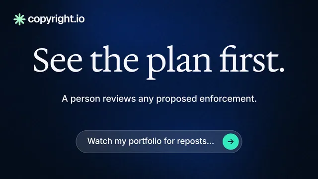 Landscape graphic for copyright.io: "See the plan first." Agentic glass style, centred layout, dark palette in blue, black.