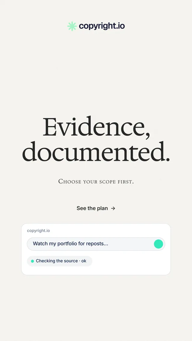 Instagram story for copyright.io: "Evidence, documented." Minimal luxury style, smallcaps layout, light palette in white, grey.