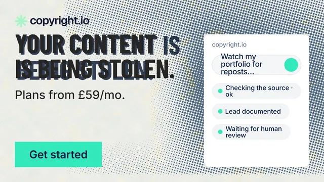 Landscape graphic for copyright.io: "Your content is being stolen." Retro print style, skeleton layout, light palette in white, grey, green.