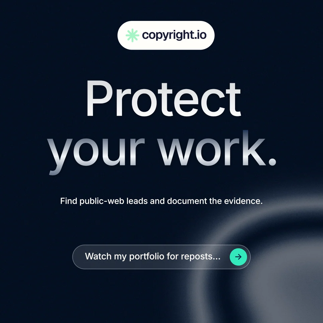 Instagram post for copyright.io: "Protect your work." Agentic glass style, centred layout, dark palette in black, grey.