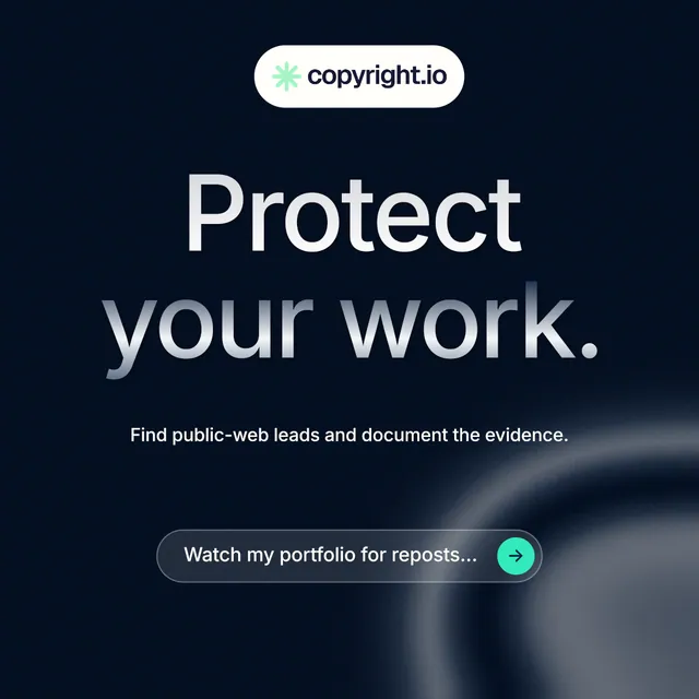 Instagram post for copyright.io: "Protect your work." Agentic glass style, centred layout, dark palette in black, grey.