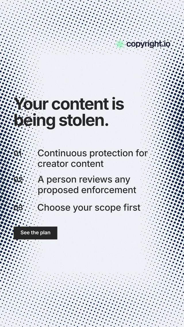Instagram story for copyright.io: "Your content is being stolen." Swiss style, numbered layout, light palette in white, blue, grey.