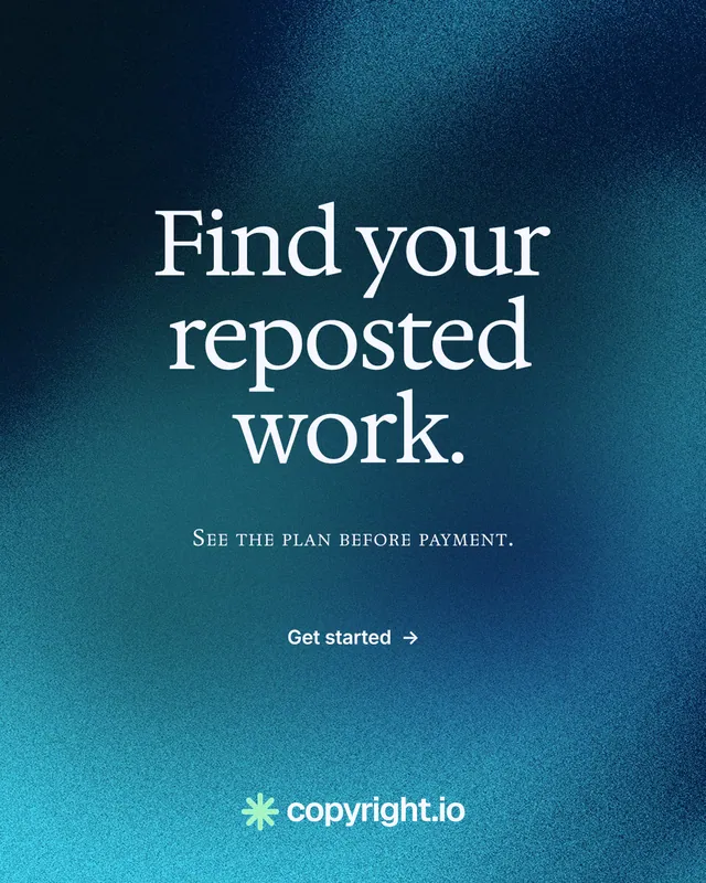 Instagram portrait post for copyright.io: "Find your reposted work." Swiss style, smallcaps layout, dark palette in blue, teal.