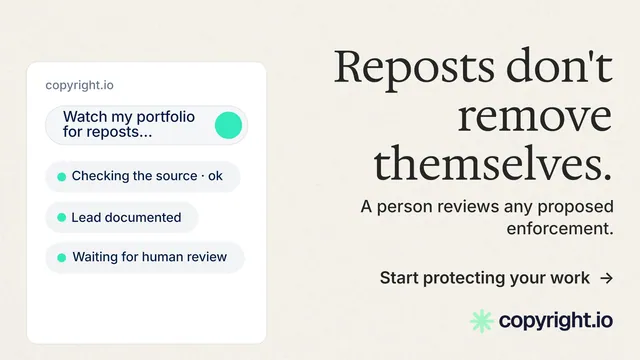 Landscape graphic for copyright.io: "Reposts don't remove themselves." Minimal luxury style, right layout, light palette in white, grey.