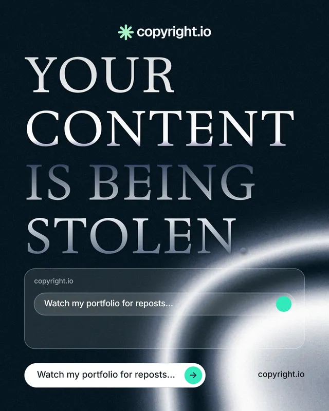 Instagram portrait post for copyright.io: "Your content is being stolen." Agentic glass style, poster layout, dark palette in black, blue, grey.