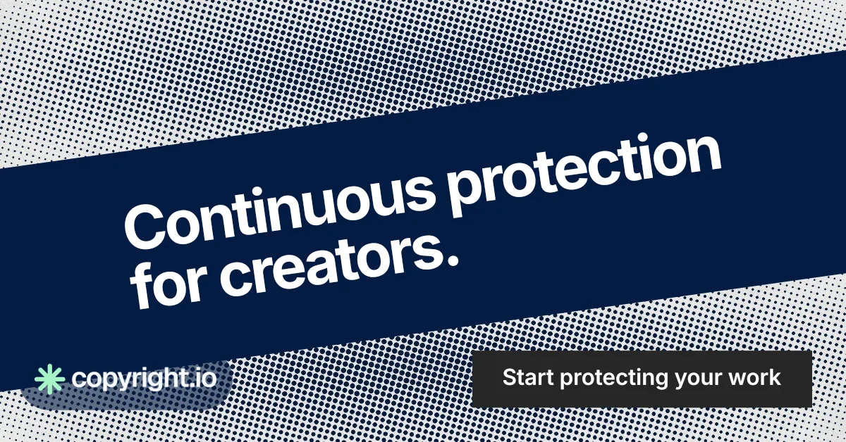 Social ad for copyright.io: "Continuous protection for creators." Swiss style, diagonal layout, dark palette in blue, grey.