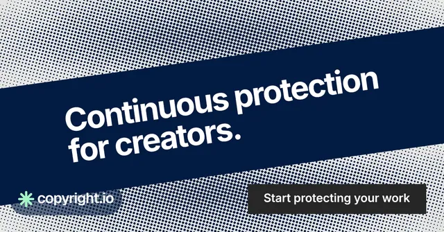 Social ad for copyright.io: "Continuous protection for creators." Swiss style, diagonal layout, dark palette in blue, grey.