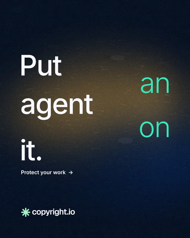 Instagram portrait post for copyright.io: "Put an agent on it." Minimal luxury style, stacked layout, dark palette in black, blue, grey.