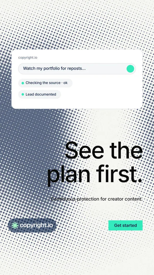 Instagram story for copyright.io: "See the plan first." Split block style, right layout, light palette in white, grey.