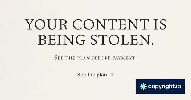 Social ad for copyright.io: "Your content is being stolen." Editorial style, smallcaps layout, light palette in white, grey.