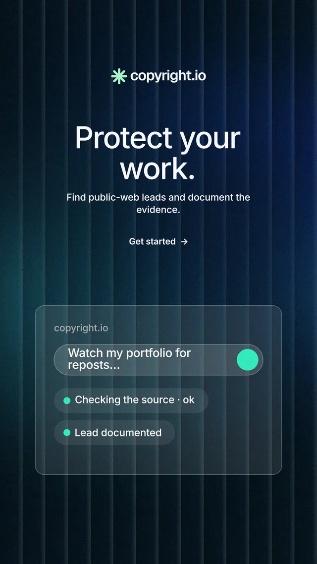 Instagram story for copyright.io: "Protect your work." Minimal luxury style, centred layout, dark palette in black, blue, grey.