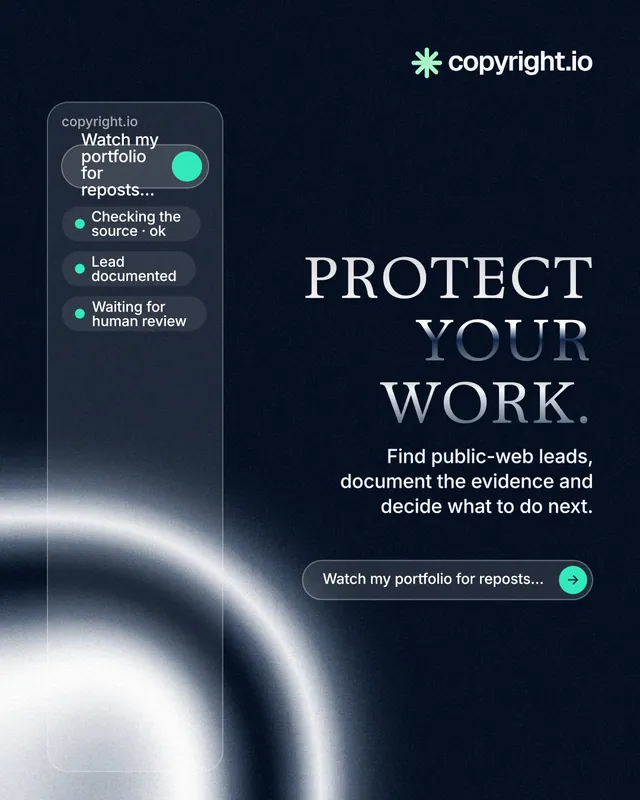 Instagram portrait post for copyright.io: "Protect your work." Agentic glass style, right layout, dark palette in black, blue, grey.