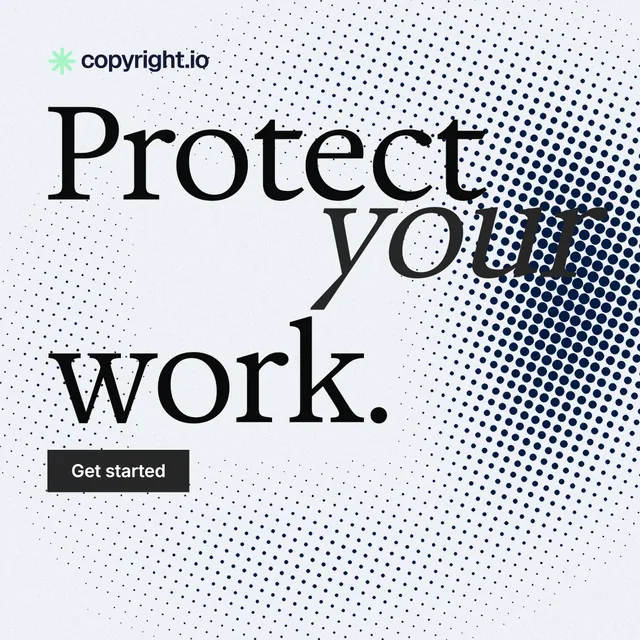 Instagram post for copyright.io: "Protect your work." Split block style, stacked layout, light palette in white, blue, grey.