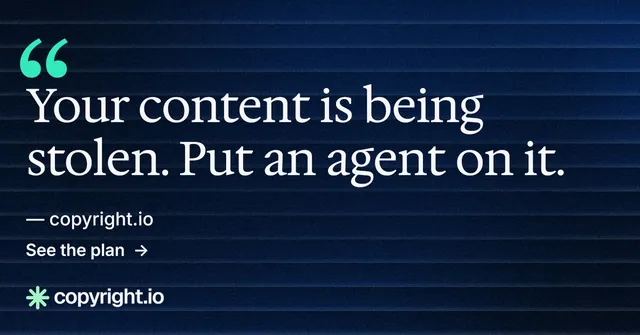 Social ad for copyright.io: "Protect your work." Minimal luxury style, quote layout, dark palette in blue, black.