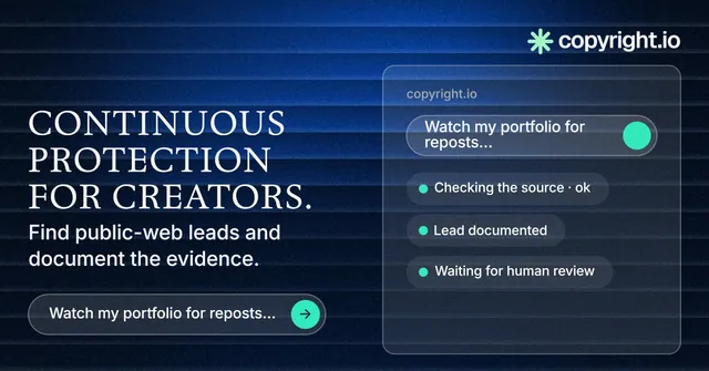 Social ad for copyright.io: "Continuous protection for creators." Agentic glass style, bottom layout, dark palette in blue, black.