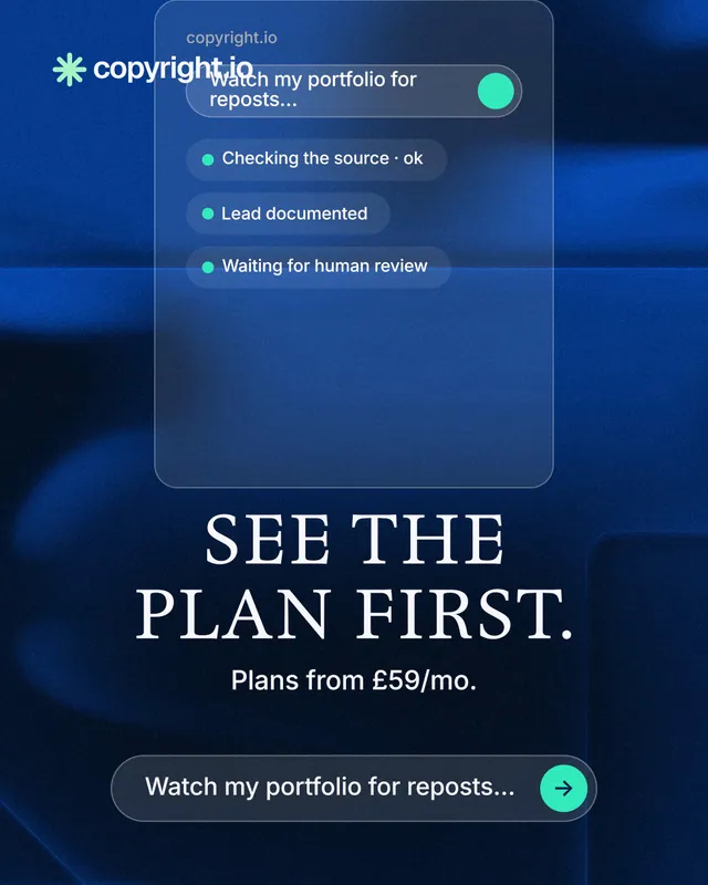 Instagram portrait post for copyright.io: "See the plan first." Agentic glass style, skeleton layout, dark palette in blue, black.