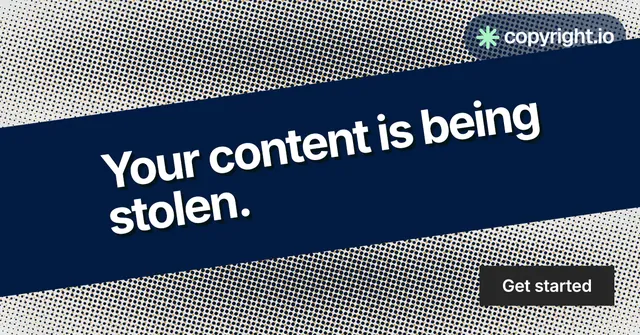 Social ad for copyright.io: "Your content is being stolen." Swiss style, diagonal layout, dark palette in blue, grey.