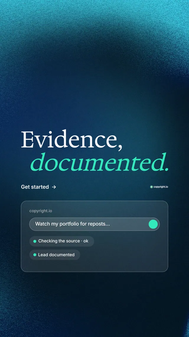 Instagram story for copyright.io: "Evidence, documented." Minimal luxury style, stacked layout, dark palette in blue, black, teal.