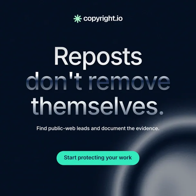 Instagram post for copyright.io: "Reposts don't remove themselves." Y2K style, centred layout, dark palette in black, grey, blue.