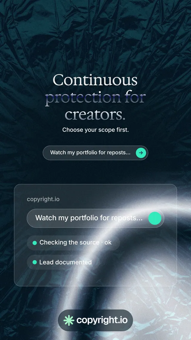 Instagram story for copyright.io: "Continuous protection for creators." Agentic glass style, centred layout, dark palette in blue, grey, black.