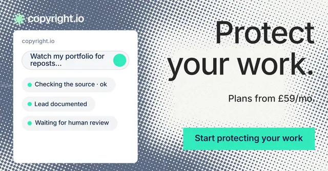 Social ad for copyright.io: "Protect your work." Split block style, right layout, light palette in white, grey, teal.