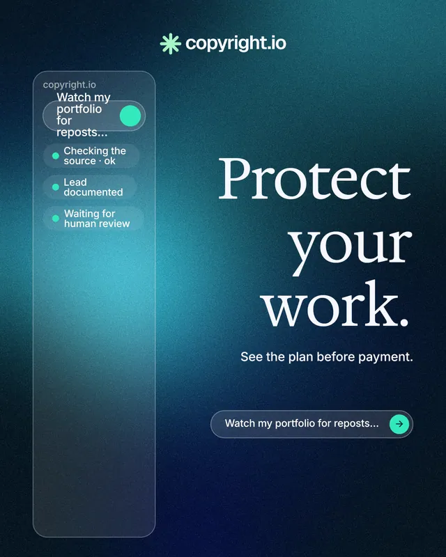 Instagram portrait post for copyright.io: "Protect your work." Agentic glass style, right layout, dark palette in black, blue, teal.