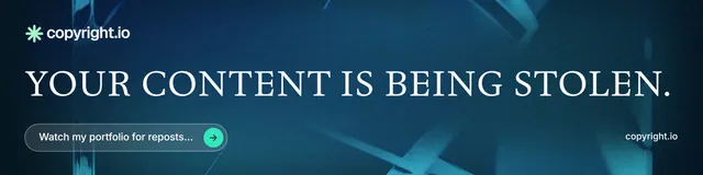 LinkedIn banner for copyright.io: "Your content is being stolen." Agentic glass style, poster layout, dark palette in blue.