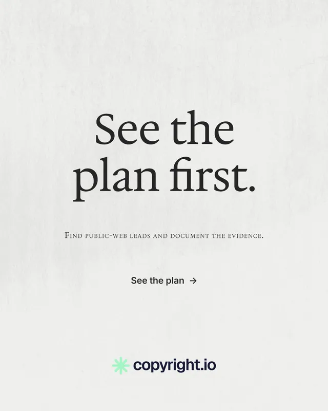 Instagram portrait post for copyright.io: "See the plan first." Minimal luxury style, smallcaps layout, light palette in white.