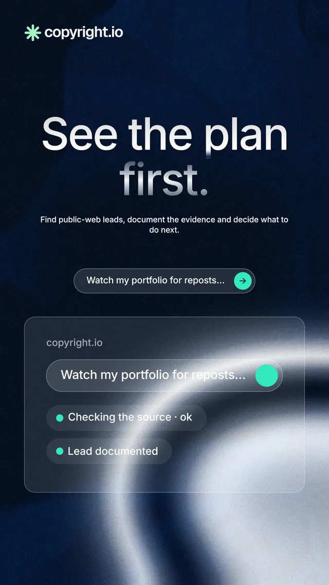 Instagram story for copyright.io: "See the plan first." Agentic glass style, centred layout, dark palette in blue, black, grey.