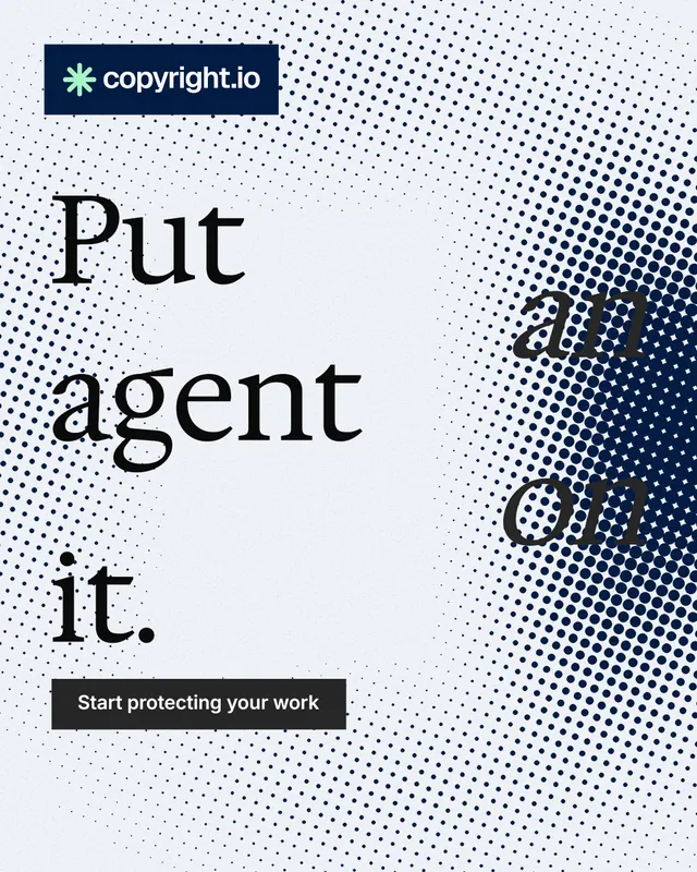 Instagram portrait post for copyright.io: "Put an agent on it." Split block style, stacked layout, light palette in white, blue, grey.