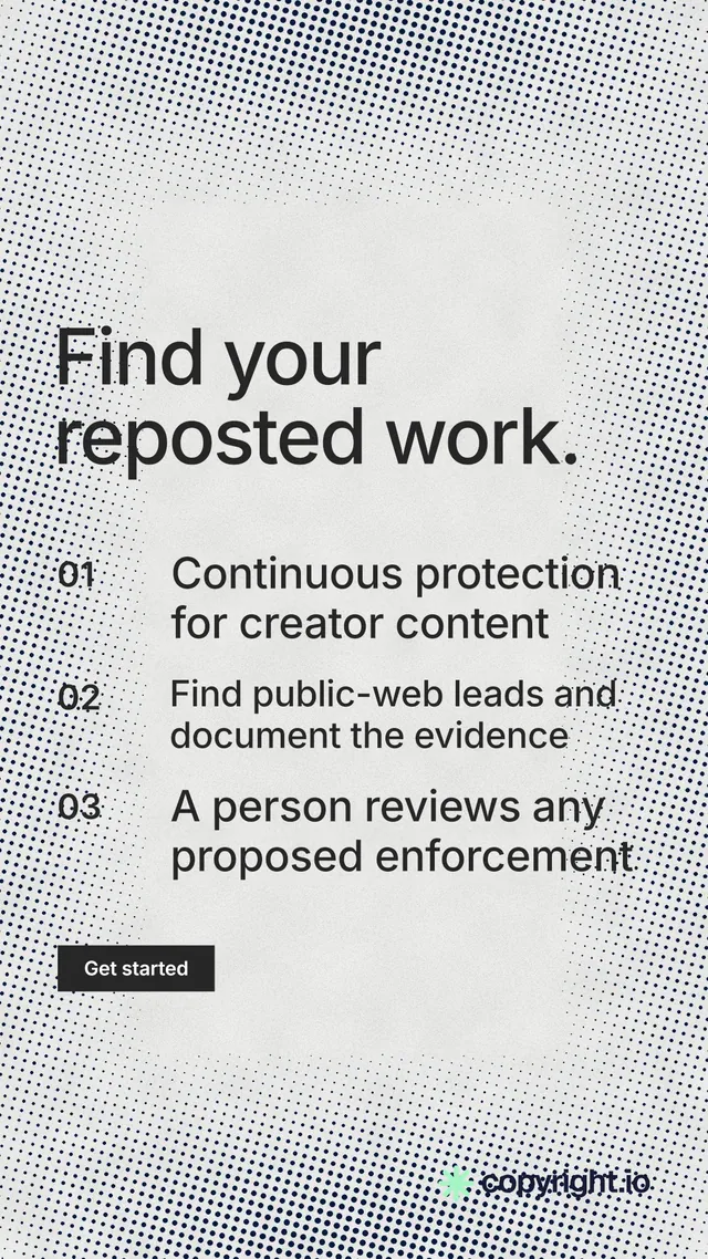 Instagram story for copyright.io: "Find your reposted work." Retro print style, numbered layout, light palette in white, grey.