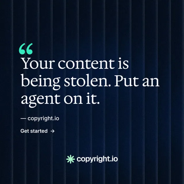 Instagram post for copyright.io: "Continuous protection for creators." Minimal luxury style, quote layout, dark palette in black, blue.