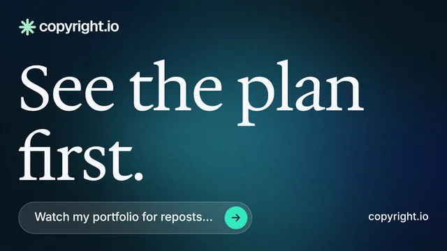 Landscape graphic for copyright.io: "See the plan first." Agentic glass style, poster layout, dark palette in blue, black, teal.