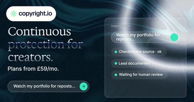 Social ad for copyright.io: "Continuous protection for creators." Agentic glass style, bottom layout, dark palette in black, blue, teal.
