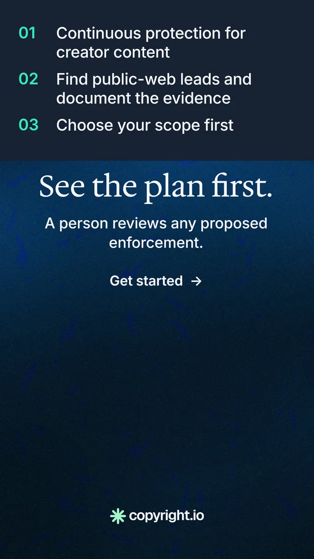 Instagram story for copyright.io: "See the plan first." Minimal luxury style, skeleton layout, dark palette in blue, black.