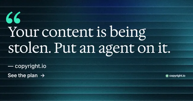 Social ad for copyright.io: "Find your reposted work." Minimal luxury style, quote layout, dark palette in blue, black.