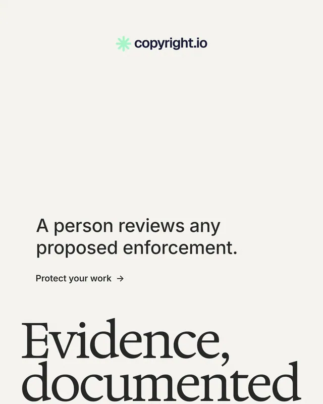 Instagram portrait post for copyright.io: "Find your reposted work." Minimal luxury style, oversized layout, light palette in white, grey.