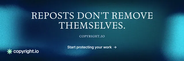 X header for copyright.io: "Reposts don't remove themselves." Minimal luxury style, smallcaps layout, dark palette in blue, teal.