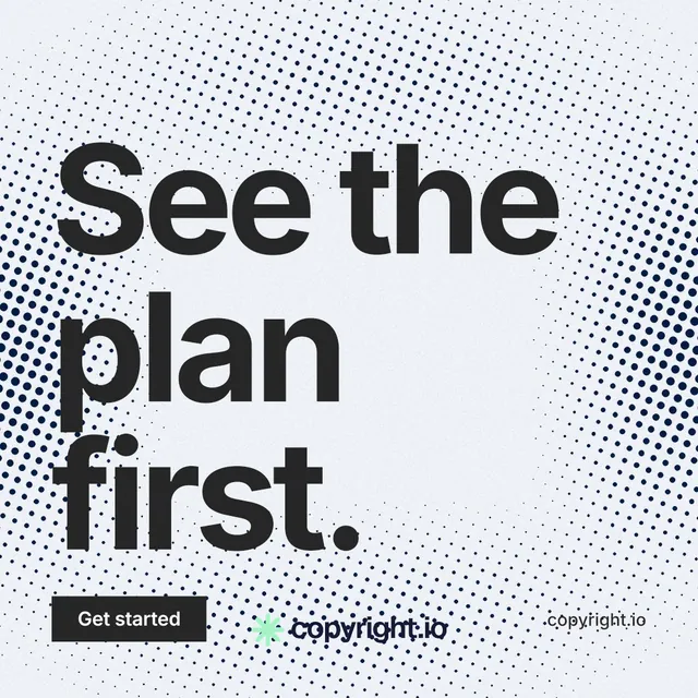 Instagram post for copyright.io: "See the plan first." Swiss style, poster layout, light palette in blue, grey, white.