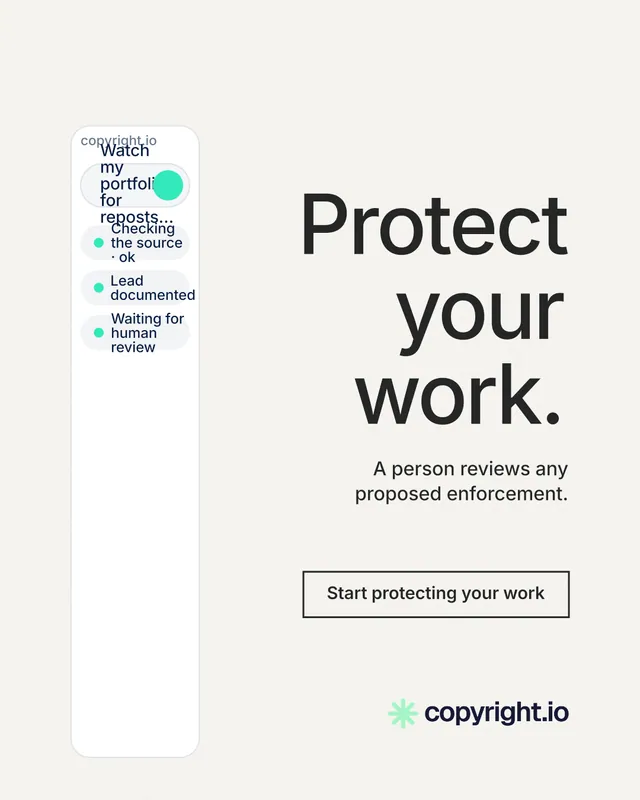 Instagram portrait post for copyright.io: "Protect your work." Editorial style, right layout, light palette in white, grey.