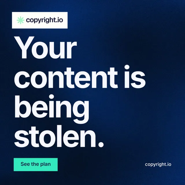 Instagram post for copyright.io: "Your content is being stolen." Swiss style, poster layout, dark palette in blue, black, teal.