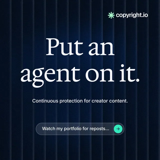 Instagram post for copyright.io: "Put an agent on it." Agentic glass style, centred layout, dark palette in black, blue, grey.