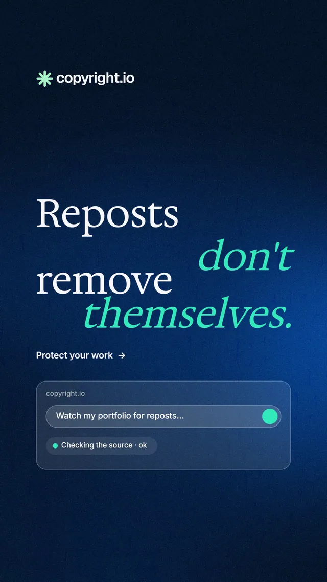 Instagram story for copyright.io: "Reposts don't remove themselves." Minimal luxury style, stacked layout, dark palette in blue, black.
