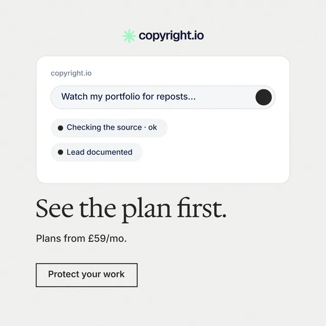 Instagram post for copyright.io: "See the plan first." Editorial style, bottom layout, light palette in white.