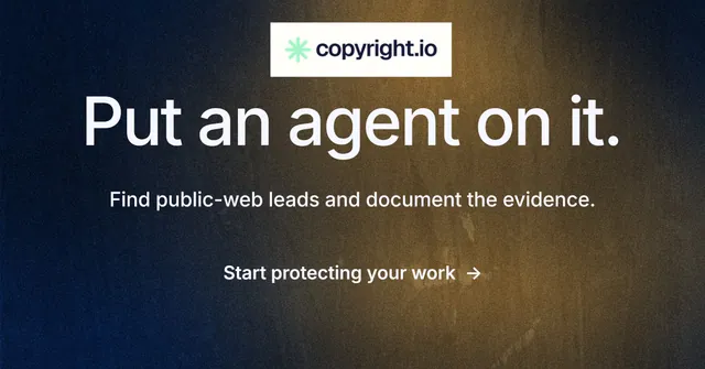 Social ad for copyright.io: "Put an agent on it." Minimal luxury style, centred layout, dark palette in black, orange, grey.