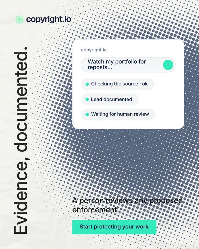 Instagram portrait post for copyright.io: "Evidence, documented." Swiss style, vertical layout, light palette in grey, white, green.