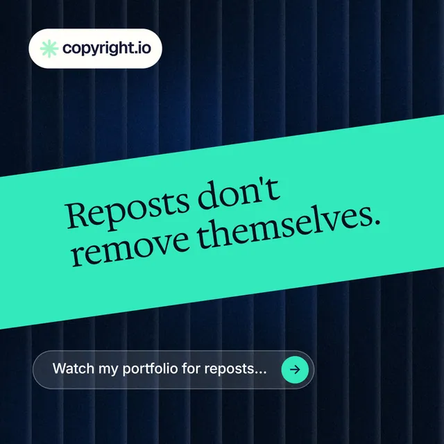 Instagram post for copyright.io: "Reposts don't remove themselves." Agentic glass style, diagonal layout, dark palette in teal, black.